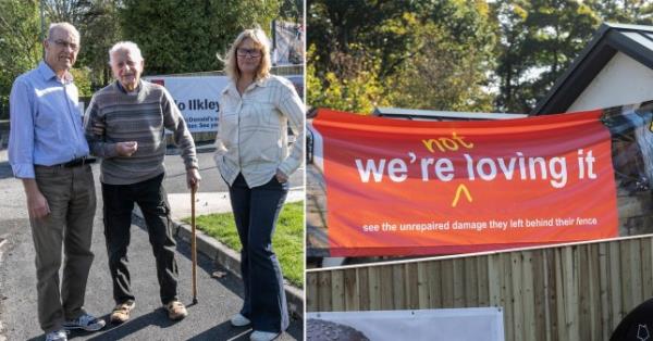 A woman with her husband and 91-year-old dad and a sign she has erected near a McDonald's restaurant car park. 